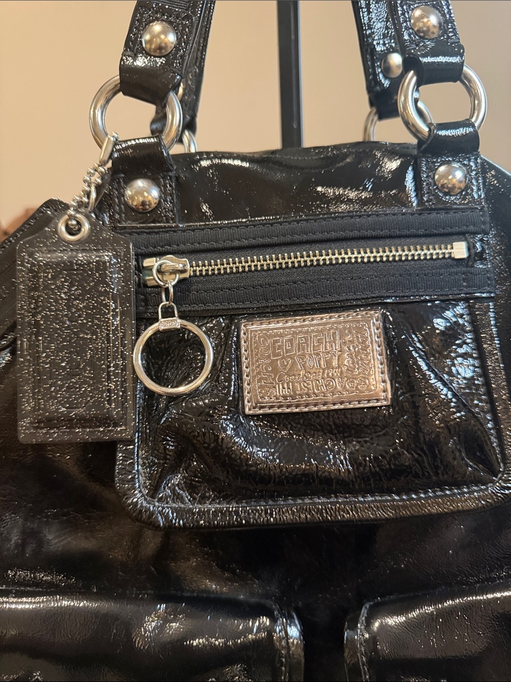 Coach Poppy Black Patent Shoulder Bag with Silver Hardware - Picture 7 of 8